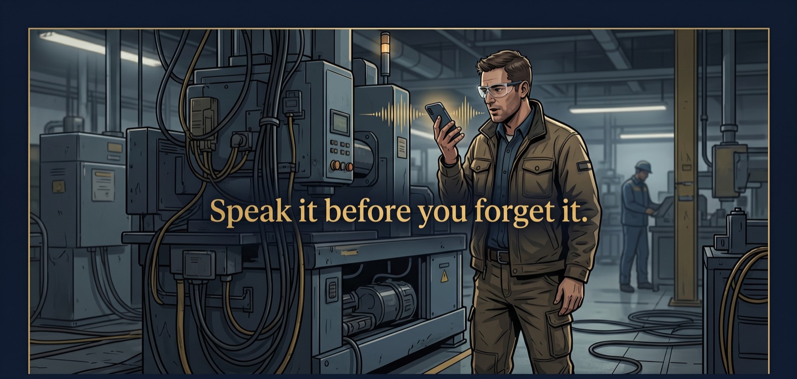 A rep speaking a note in front of a machine on a plant floor